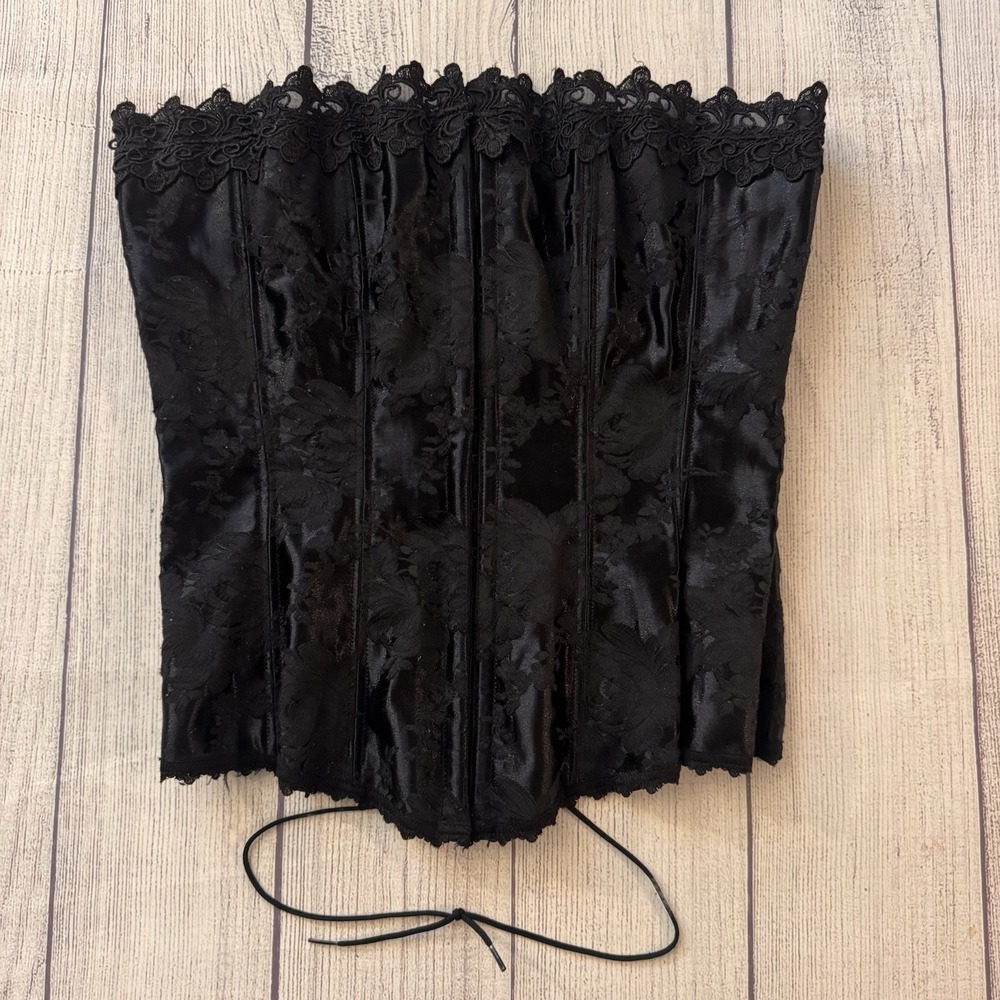 Frederick's of Hollywood Black Satin Floral Lace Corset Bustier Size 34 Vintage